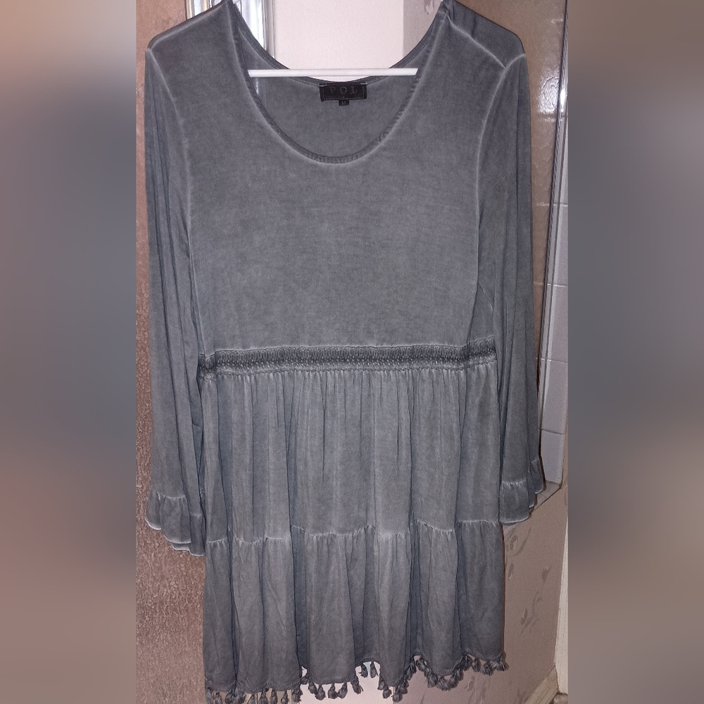 Pol Grey Knit Long Sleeve Dress With Tassles M